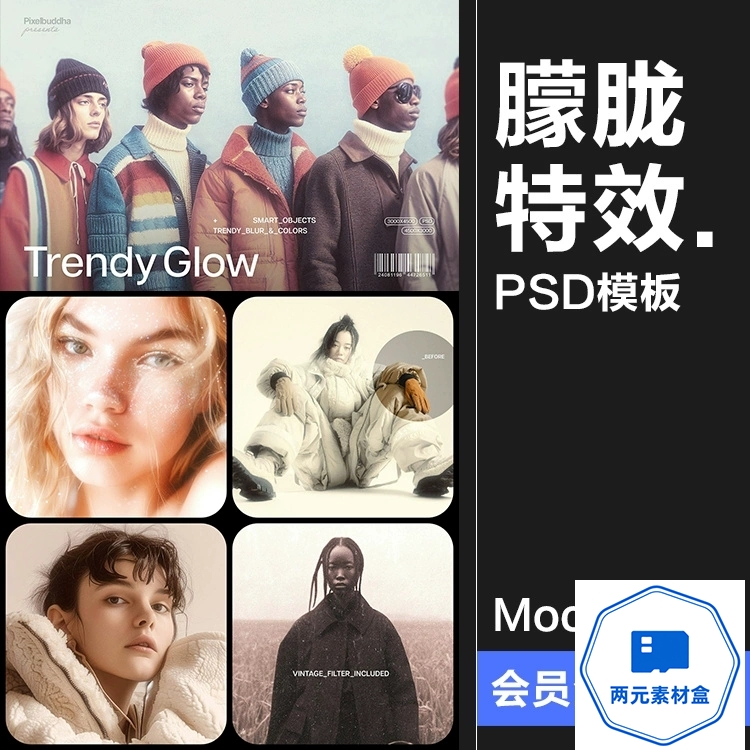 y139.复古梦幻朦胧柔光漫射褪色怀旧迷幻图像滤镜特效样机PSD模板素材-两元素材盒